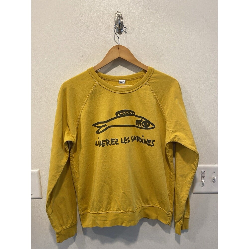 Clare V Womens Liberez Les Sardines Graphic Sweatshirt Size XS Oversized Yellow